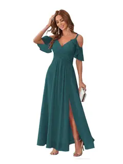 A-Line/Princess V Neck Short Sleeve Spaghetti Straps Ankle Length Bridesmaid Dresses Chiffon with Ruffles Bow(s) — view 36