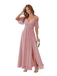 A-Line/Princess V Neck Short Sleeve Spaghetti Straps Ankle Length Bridesmaid Dresses Chiffon with Ruffles Bow(s) — view 37