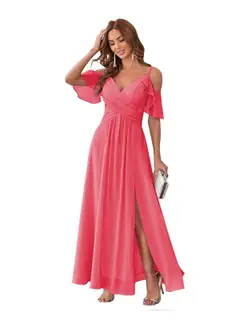 A-Line/Princess V Neck Short Sleeve Spaghetti Straps Ankle Length Bridesmaid Dresses Chiffon with Ruffles Bow(s) — view 38