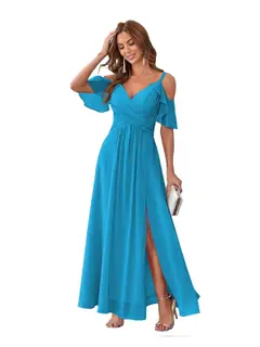 A-Line/Princess V Neck Short Sleeve Spaghetti Straps Ankle Length Bridesmaid Dresses Chiffon with Ruffles Bow(s) — view 39