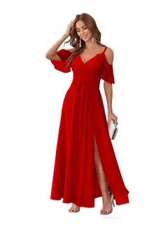 A-Line/Princess V Neck Short Sleeve Spaghetti Straps Ankle Length Bridesmaid Dresses Chiffon with Ruffles Bow(s) — view 40