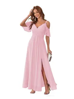 A-Line/Princess V Neck Short Sleeve Spaghetti Straps Ankle Length Bridesmaid Dresses Chiffon with Ruffles Bow(s) — view 42