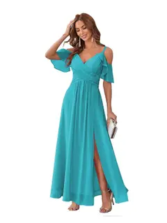 A-Line/Princess V Neck Short Sleeve Spaghetti Straps Ankle Length Bridesmaid Dresses Chiffon with Ruffles Bow(s) — view 44