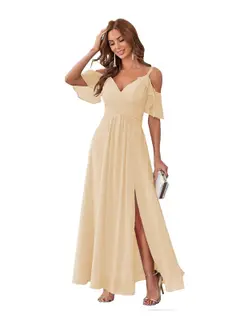 A-Line/Princess V Neck Short Sleeve Spaghetti Straps Ankle Length Bridesmaid Dresses Chiffon with Ruffles Bow(s) — view 45