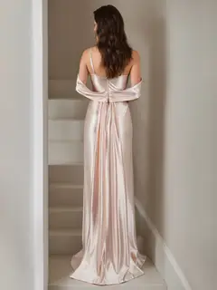 Sheath/Column Spaghetti Straps Sleeveless Sexy Bridesmaid Dresses with Split Side & Watteau Train — view 2