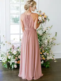 A-Line/Princess Halter Sleeveless Spaghetti Floor-Length Bridesmaid Dresses with Pockets — view 2