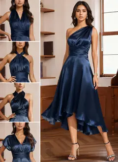 A-Line/Princess Halter One Shoulder V-Neck Wedding Guest Dresses Convertible Asymmetrical Stretch Satin With Pleated — view 1