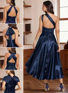 A-Line/Princess Halter One Shoulder V-Neck Wedding Guest Dresses Convertible Asymmetrical Stretch Satin With Pleated — view 2