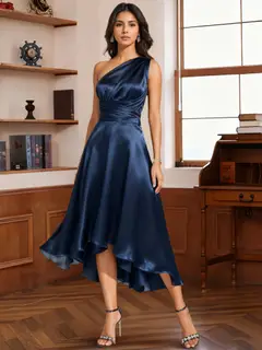 A-Line/Princess Halter One Shoulder V-Neck Wedding Guest Dresses Convertible Asymmetrical Stretch Satin With Pleated — view 4