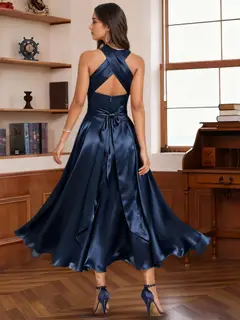 A-Line/Princess Halter One Shoulder V-Neck Wedding Guest Dresses Convertible Asymmetrical Stretch Satin With Pleated — view 8