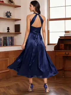 A-Line/Princess Halter One Shoulder V-Neck Wedding Guest Dresses Convertible Asymmetrical Stretch Satin With Pleated — view 9