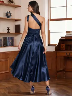 A-Line/Princess Halter One Shoulder V-Neck Wedding Guest Dresses Convertible Asymmetrical Stretch Satin With Pleated — view 10