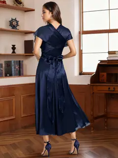 A-Line/Princess Halter One Shoulder V-Neck Wedding Guest Dresses Convertible Asymmetrical Stretch Satin With Pleated — view 11