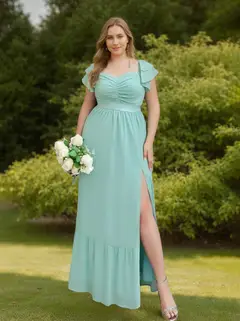 A-Line/Princess Sweetheart Neck Short Sleeves Floor-Length Plus Size Bridesmaid Dresses with Split Side & Ruffles — view 1