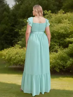 A-Line/Princess Sweetheart Neck Short Sleeves Floor-Length Plus Size Bridesmaid Dresses with Split Side & Ruffles — view 2