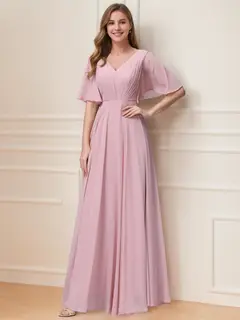 A-Line/Princess V-Neck Half Sleeves Floor-Length Bridemaid Dresses With Ruffles & Pockets — view 1