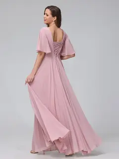 A-Line/Princess V-Neck Half Sleeves Floor-Length Bridemaid Dresses With Ruffles & Pockets — view 2