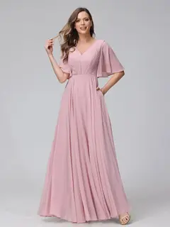 A-Line/Princess V-Neck Half Sleeves Floor-Length Bridemaid Dresses With Ruffles & Pockets — view 3