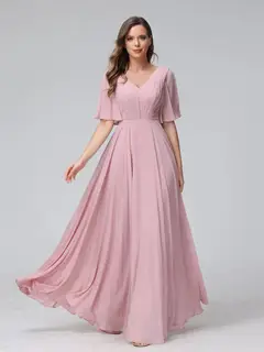 A-Line/Princess V-Neck Half Sleeves Floor-Length Bridemaid Dresses With Ruffles & Pockets — view 4