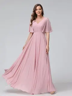 A-Line/Princess V-Neck Half Sleeves Floor-Length Bridemaid Dresses With Ruffles & Pockets — view 5