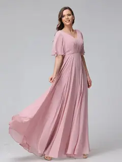 A-Line/Princess V-Neck Half Sleeves Floor-Length Bridemaid Dresses With Ruffles & Pockets — view 6