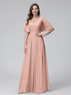 A-Line/Princess V-Neck Half Sleeves Floor-Length Bridemaid Dresses With Ruffles & Pockets — view 7