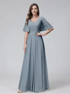 A-Line/Princess V-Neck Half Sleeves Floor-Length Bridemaid Dresses With Ruffles & Pockets — view 8