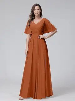 A-Line/Princess V-Neck Half Sleeves Floor-Length Bridemaid Dresses With Ruffles & Pockets — view 9