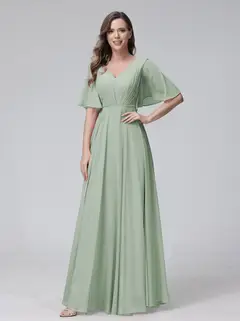 A-Line/Princess V-Neck Half Sleeves Floor-Length Bridemaid Dresses With Ruffles & Pockets — view 10