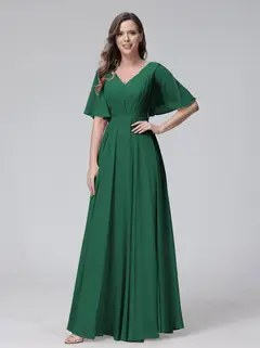 A-Line/Princess V-Neck Half Sleeves Floor-Length Bridemaid Dresses With Ruffles & Pockets — view 11