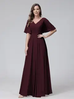 A-Line/Princess V-Neck Half Sleeves Floor-Length Bridemaid Dresses With Ruffles & Pockets — view 12