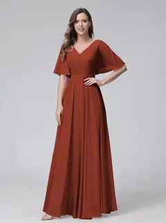A-Line/Princess V-Neck Half Sleeves Floor-Length Bridemaid Dresses With Ruffles & Pockets — view 13