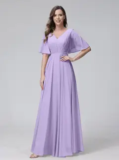 A-Line/Princess V-Neck Half Sleeves Floor-Length Bridemaid Dresses With Ruffles & Pockets — view 14