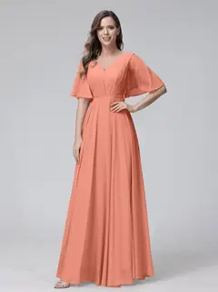 A-Line/Princess V-Neck Half Sleeves Floor-Length Bridemaid Dresses With Ruffles & Pockets — view 15