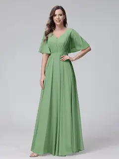 A-Line/Princess V-Neck Half Sleeves Floor-Length Bridemaid Dresses With Ruffles & Pockets — view 16