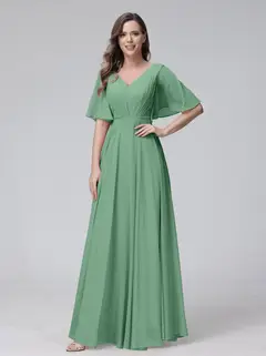 A-Line/Princess V-Neck Half Sleeves Floor-Length Bridemaid Dresses With Ruffles & Pockets — view 17