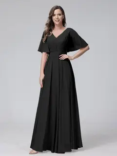 A-Line/Princess V-Neck Half Sleeves Floor-Length Bridemaid Dresses With Ruffles & Pockets — view 18