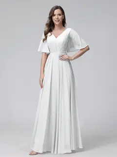 A-Line/Princess V-Neck Half Sleeves Floor-Length Bridemaid Dresses With Ruffles & Pockets — view 19