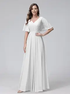 A-Line/Princess V-Neck Half Sleeves Floor-Length Bridemaid Dresses With Ruffles & Pockets — view 20