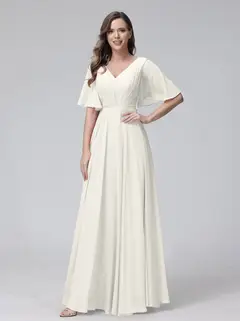 A-Line/Princess V-Neck Half Sleeves Floor-Length Bridemaid Dresses With Ruffles & Pockets — view 21