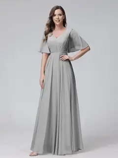 A-Line/Princess V-Neck Half Sleeves Floor-Length Bridemaid Dresses With Ruffles & Pockets — view 22