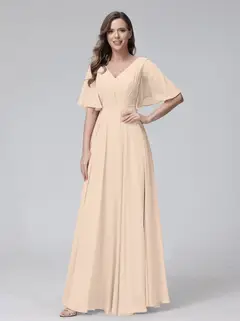 A-Line/Princess V-Neck Half Sleeves Floor-Length Bridemaid Dresses With Ruffles & Pockets — view 23