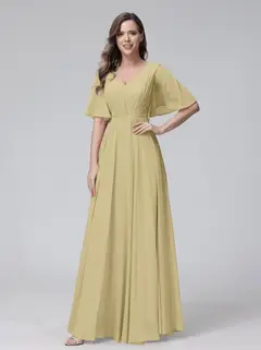 A-Line/Princess V-Neck Half Sleeves Floor-Length Bridemaid Dresses With Ruffles & Pockets — view 24