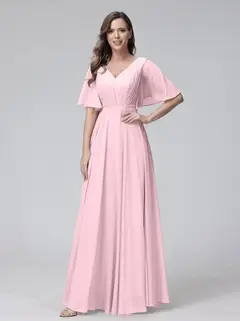 A-Line/Princess V-Neck Half Sleeves Floor-Length Bridemaid Dresses With Ruffles & Pockets — view 25