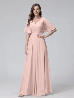 A-Line/Princess V-Neck Half Sleeves Floor-Length Bridemaid Dresses With Ruffles & Pockets — view 26