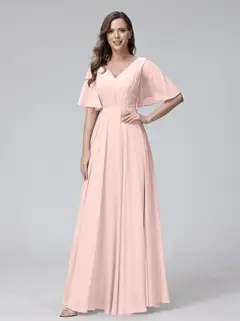 A-Line/Princess V-Neck Half Sleeves Floor-Length Bridemaid Dresses With Ruffles & Pockets — view 27