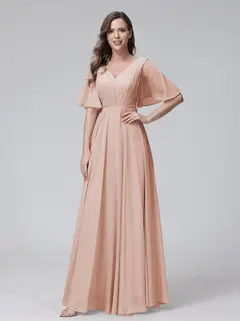 A-Line/Princess V-Neck Half Sleeves Floor-Length Bridemaid Dresses With Ruffles & Pockets — view 28