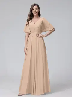 A-Line/Princess V-Neck Half Sleeves Floor-Length Bridemaid Dresses With Ruffles & Pockets — view 29