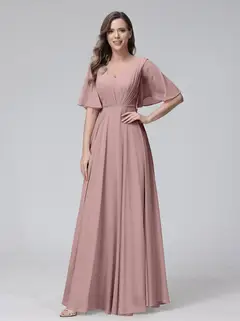 A-Line/Princess V-Neck Half Sleeves Floor-Length Bridemaid Dresses With Ruffles & Pockets — view 30