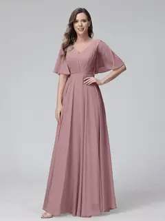 A-Line/Princess V-Neck Half Sleeves Floor-Length Bridemaid Dresses With Ruffles & Pockets — view 31